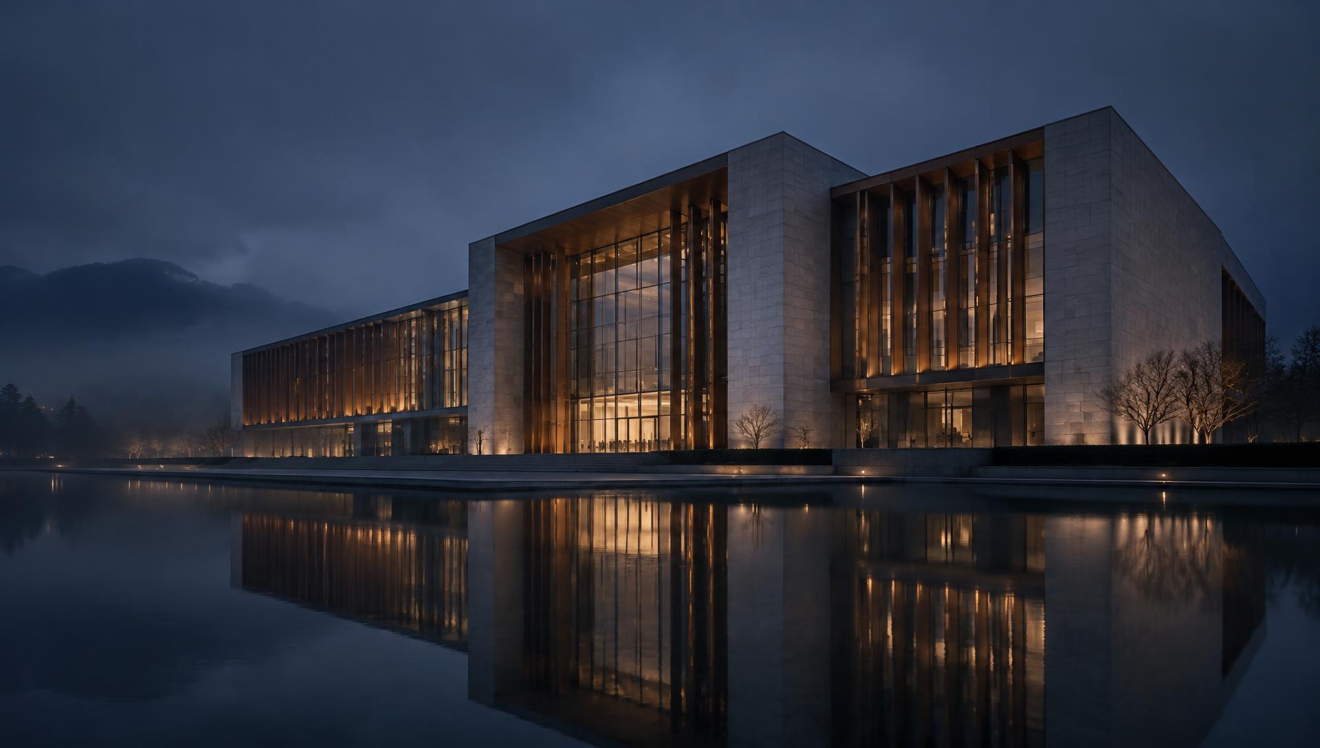 Modern stone and glass building at dusk, reflected in still water